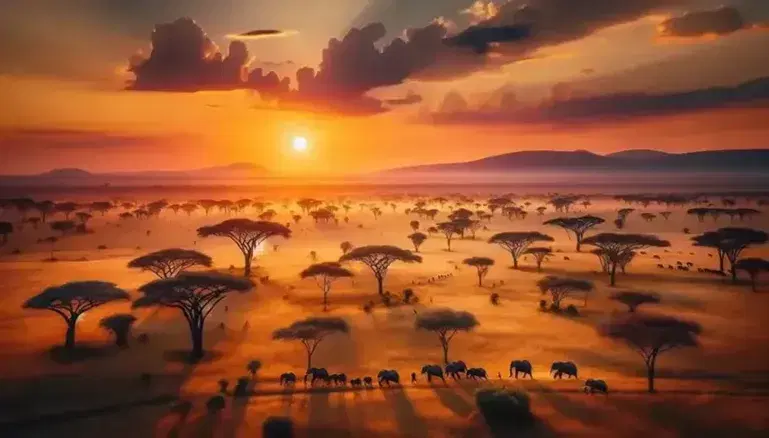 Atardecer en la sabana africana con acacias, sombras alargadas, elefantes en fila y montañas al fondo bajo un cielo degradado.