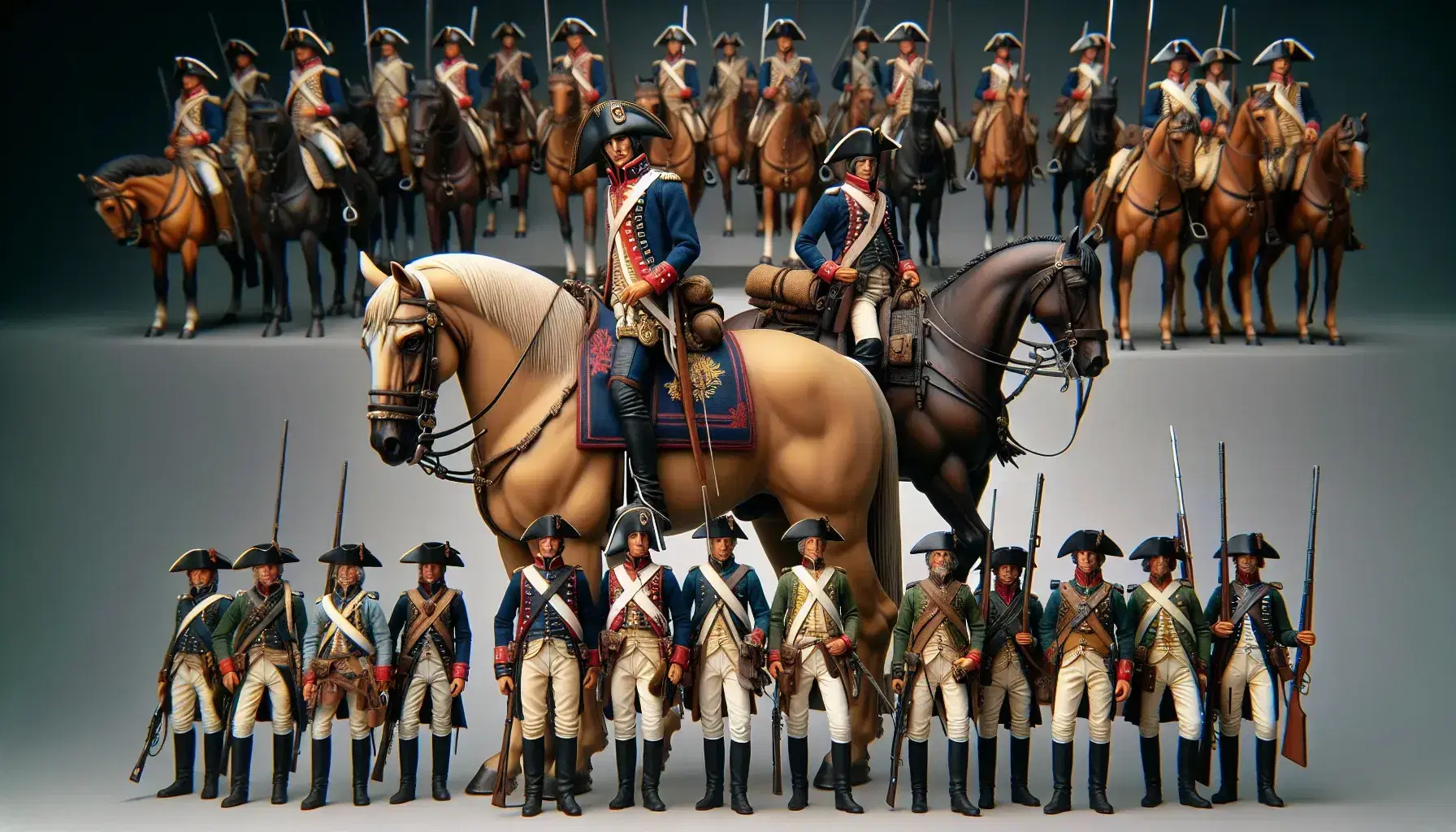 Grupo de figuras en uniformes históricos de las guerras de independencia latinoamericanas, con un jinete central destacado y soldados armados en un paisaje andino nublado.