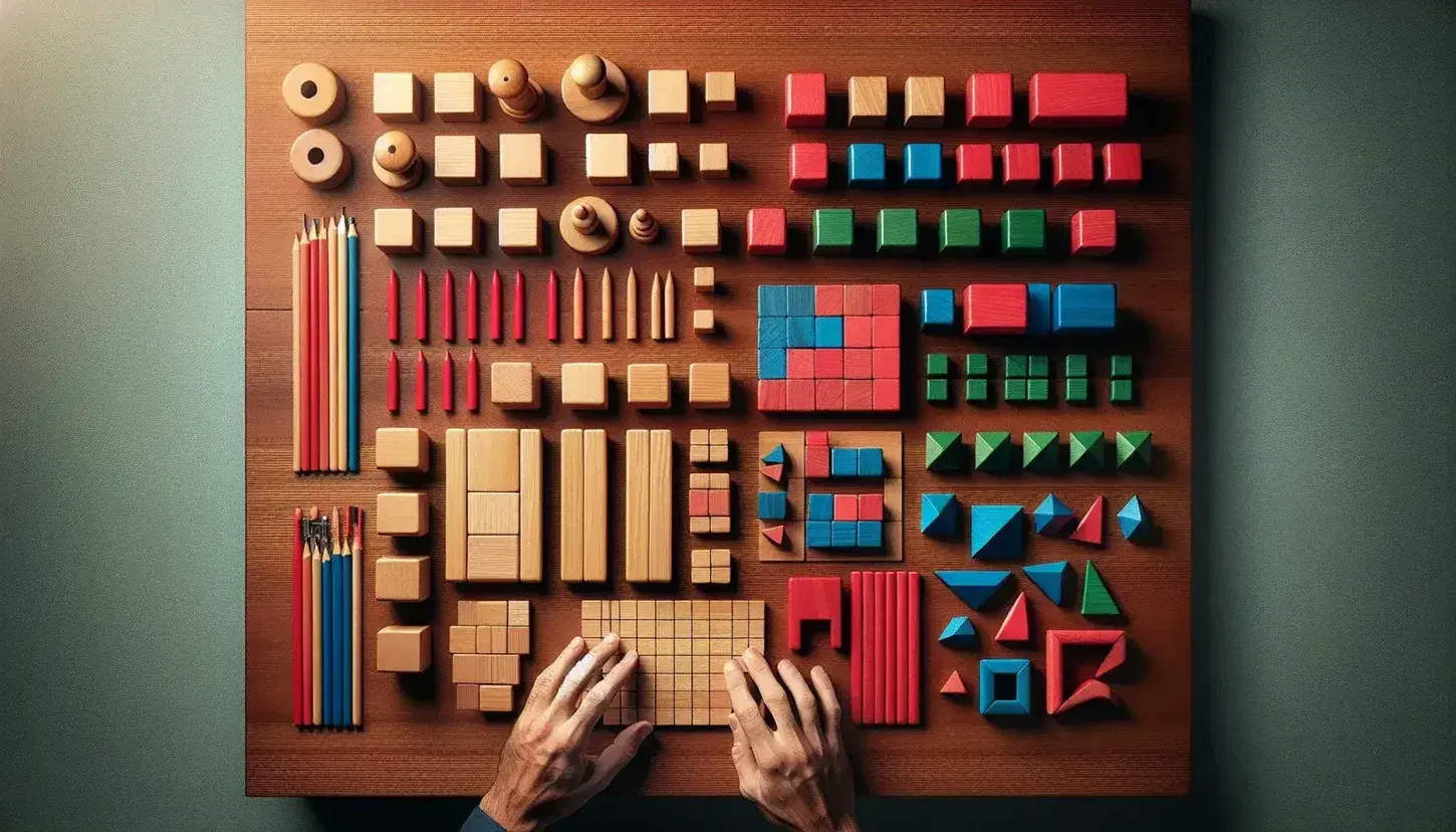 Wooden desk with colorful geometric blocks and hands sorting them into groups of red cylinders, green cubes and blue prisms.