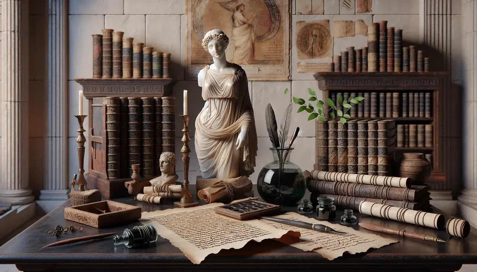 Biblioteca romana antica con tavolo in legno, rotoli di papiro, calami, inchiostri, statuetta di musa e cesto di alloro.