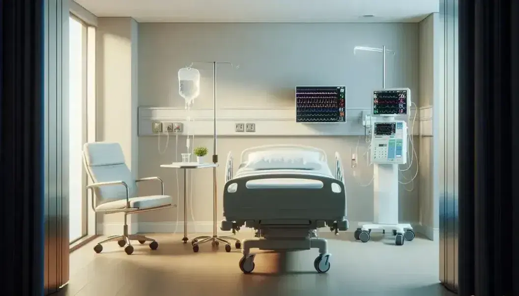 Habitación de hospital con cama equipada con sábanas blancas, monitor de signos vitales, suero IV y silla con cojín azul, sin personas.