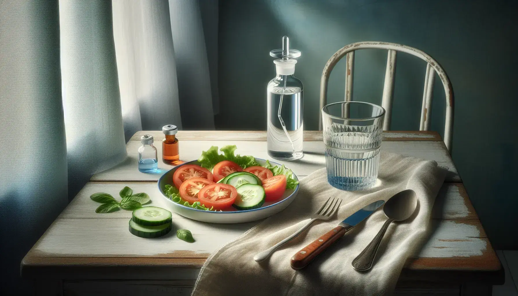 Plato saludable con pepinos, tomates, lechuga y zanahorias en mesa de madera, junto a vaso de agua y botella de suero oral.