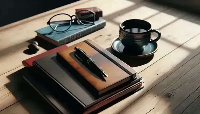 Mesa de madera clara con pluma fuente negra, cuaderno marrón, taza de café azul y gafas, junto a libros apilados bajo luz natural.
