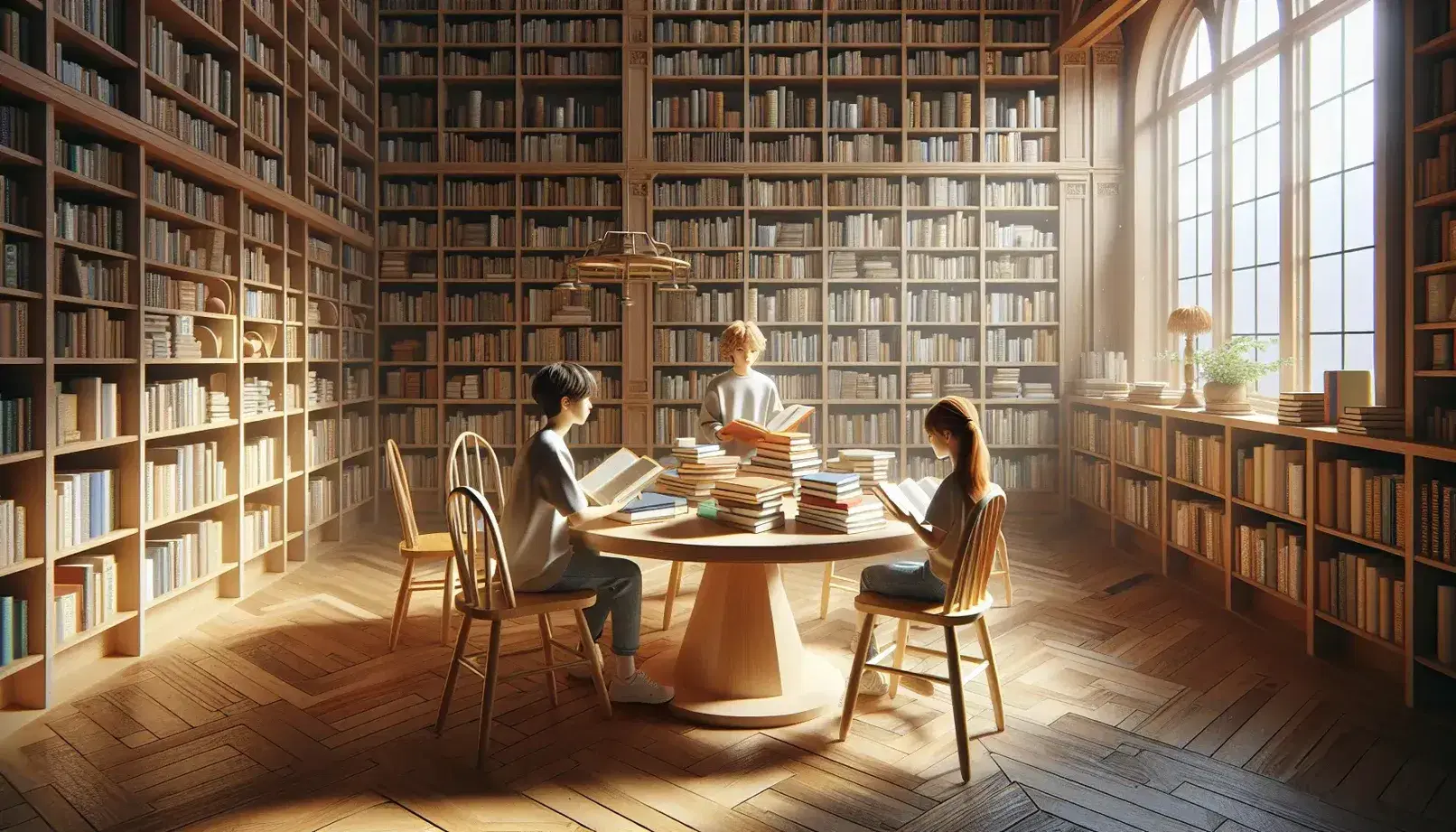 Biblioteca luminosa con estanterías de madera llenas de libros, mesa redonda central con libros abiertos, niño y niña leyendo en ambiente acogedor con luz natural.