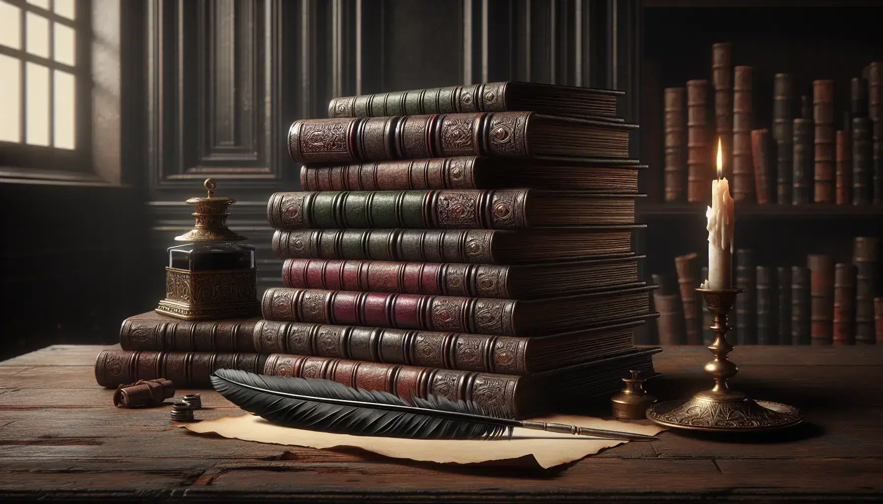 Stacked hardcover books in shades of brown and green on an old wooden table, with a black quill in an inkwell and a lit candle in a brass holder.