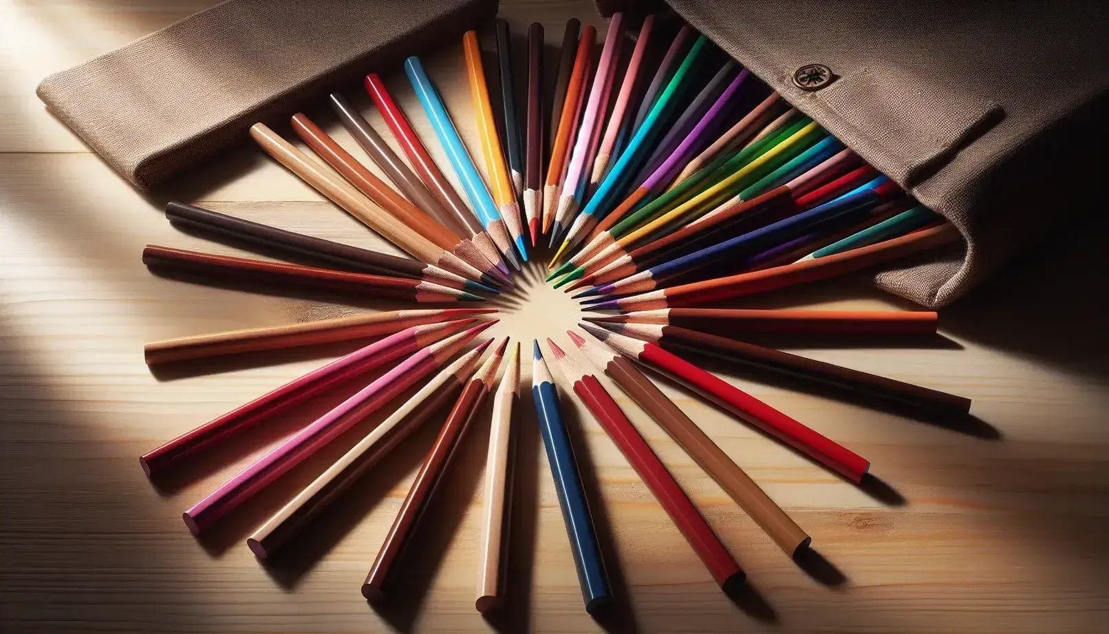 Lápices de colores con puntas afiladas dispuestos radialmente sobre superficie de madera clara, creando un efecto visual similar a un sol, con una estuche de tela oscuro desenfocado al fondo.