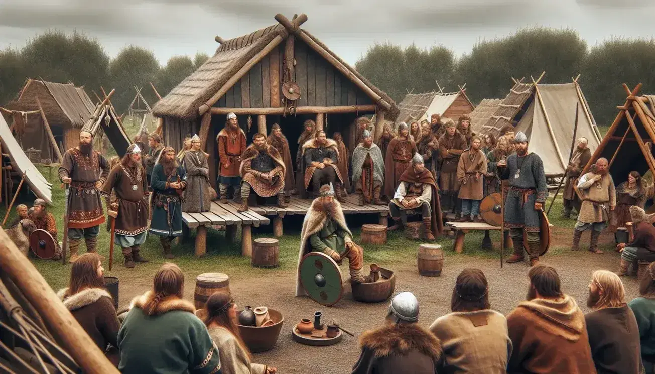 Viking reenactors in traditional garb trade goods, engage in mock combat, and gather by a longhouse under a soft-lit overcast sky.