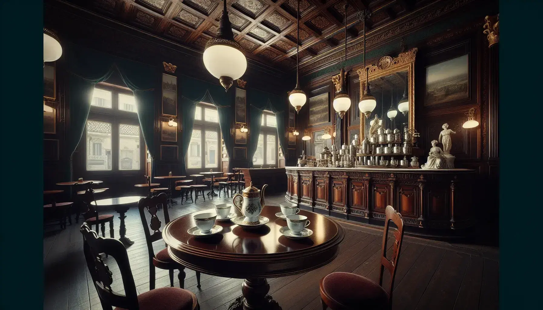 Caffetteria storica fine '800 con tavolo rotondo in legno, tazze in porcellana, sedie in velluto rosso, bancone e specchio ornamentato.
