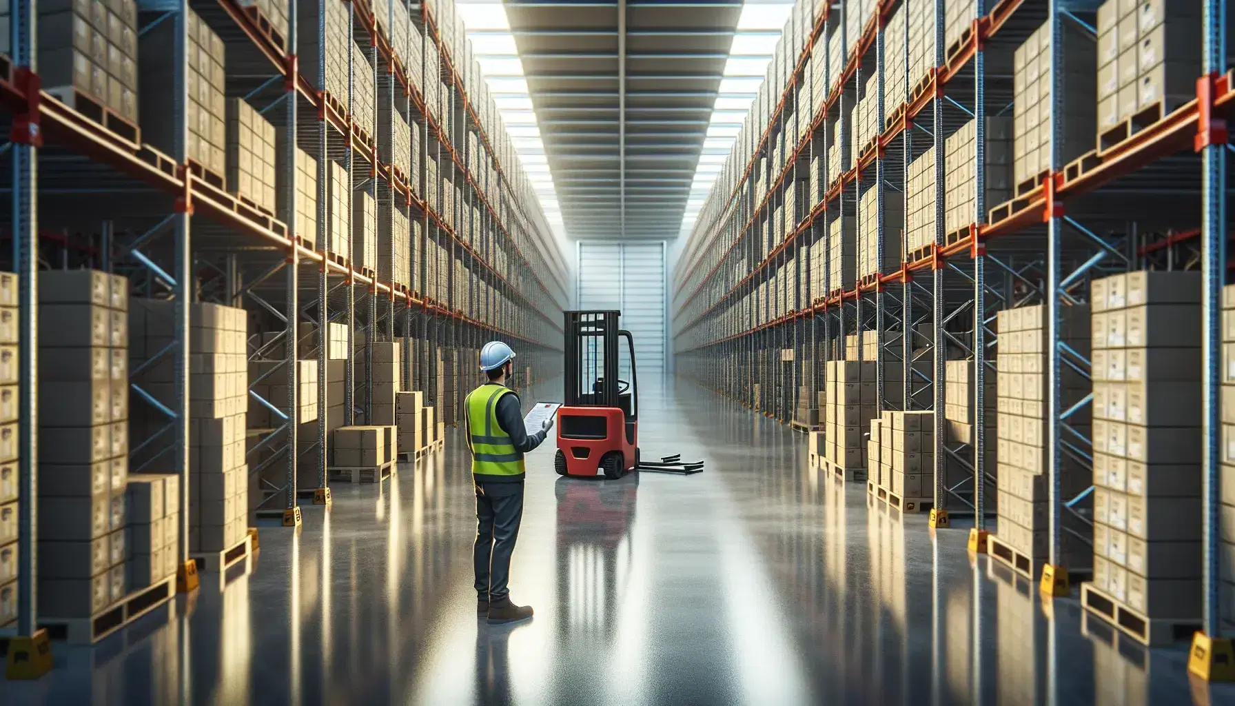 Warehouse worker in safety vest and helmet checks inventory with clipboard in a well-organized storage area with shelves of boxes and a red forklift.