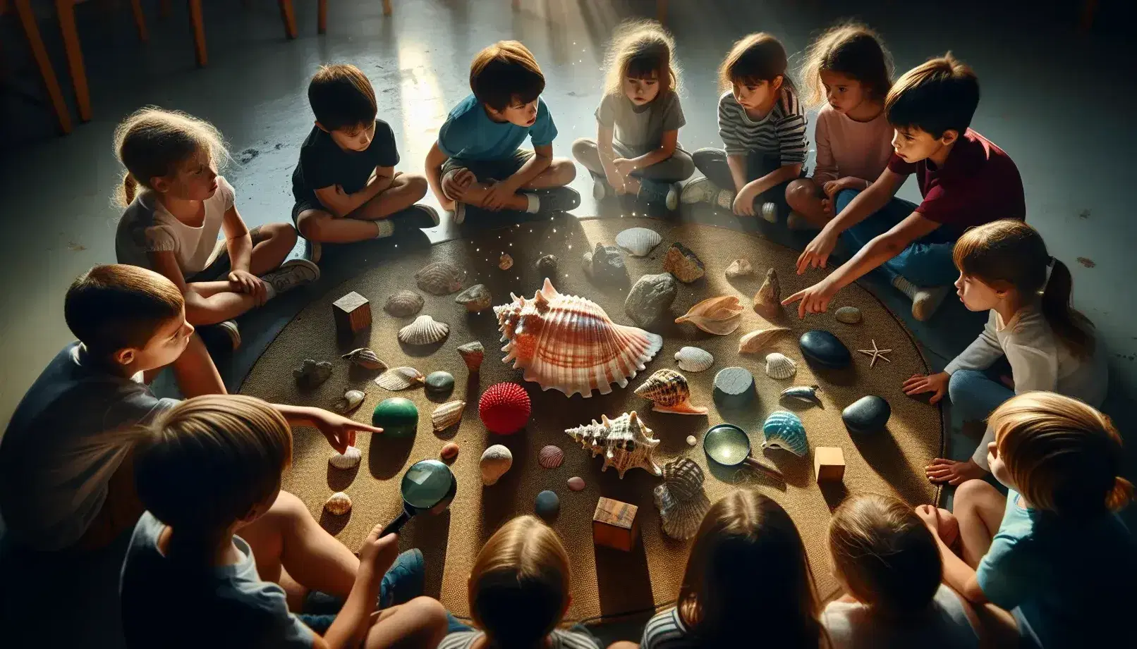 Niños en círculo exploran objetos educativos como conchas y hojas con lupa en aula iluminada naturalmente.