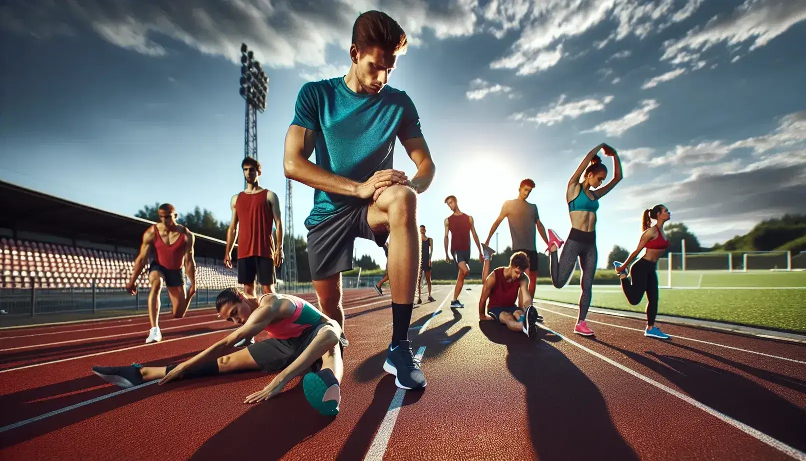 Gruppo di persone di diverse età che si allena su pista di atletica all'aperto, eseguendo esercizi di riscaldamento sotto un cielo sereno.