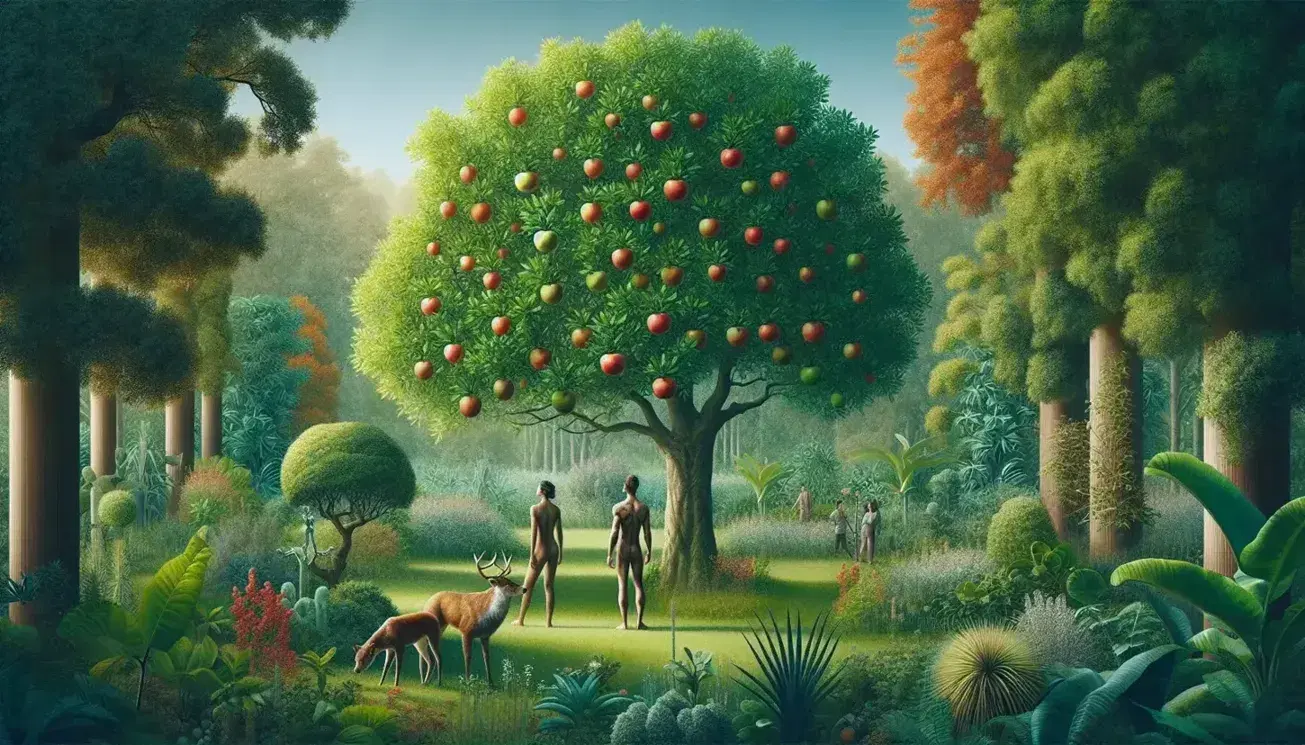 Jardín frondoso con árbol grande de frutos rojos y pareja de personas observando, animal cuadrúpedo a la izquierda y cielo azul despejado.