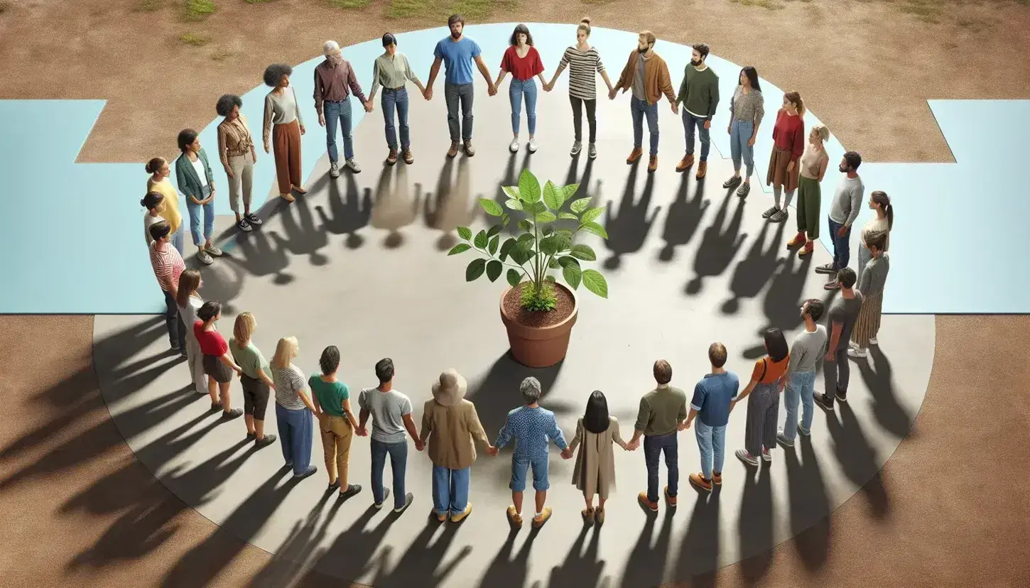 Grupo diverso de personas en círculo alrededor de una planta joven en maceta, extendiendo sus manos hacia ella en un gesto de cuidado, en un ambiente exterior iluminado naturalmente.