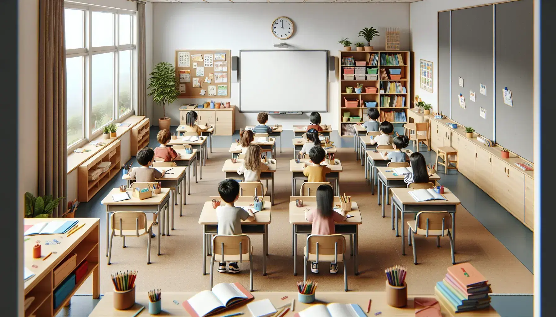 Aula de primaria con pupitres de madera y estudiantes diversos interactuando, pizarra blanca al fondo y estantería con libros de colores.