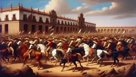 Grupo de figuras en atuendos coloniales a caballo, con armas, frente a edificio colonial mexicano bajo cielo azul con nubes dispersas.