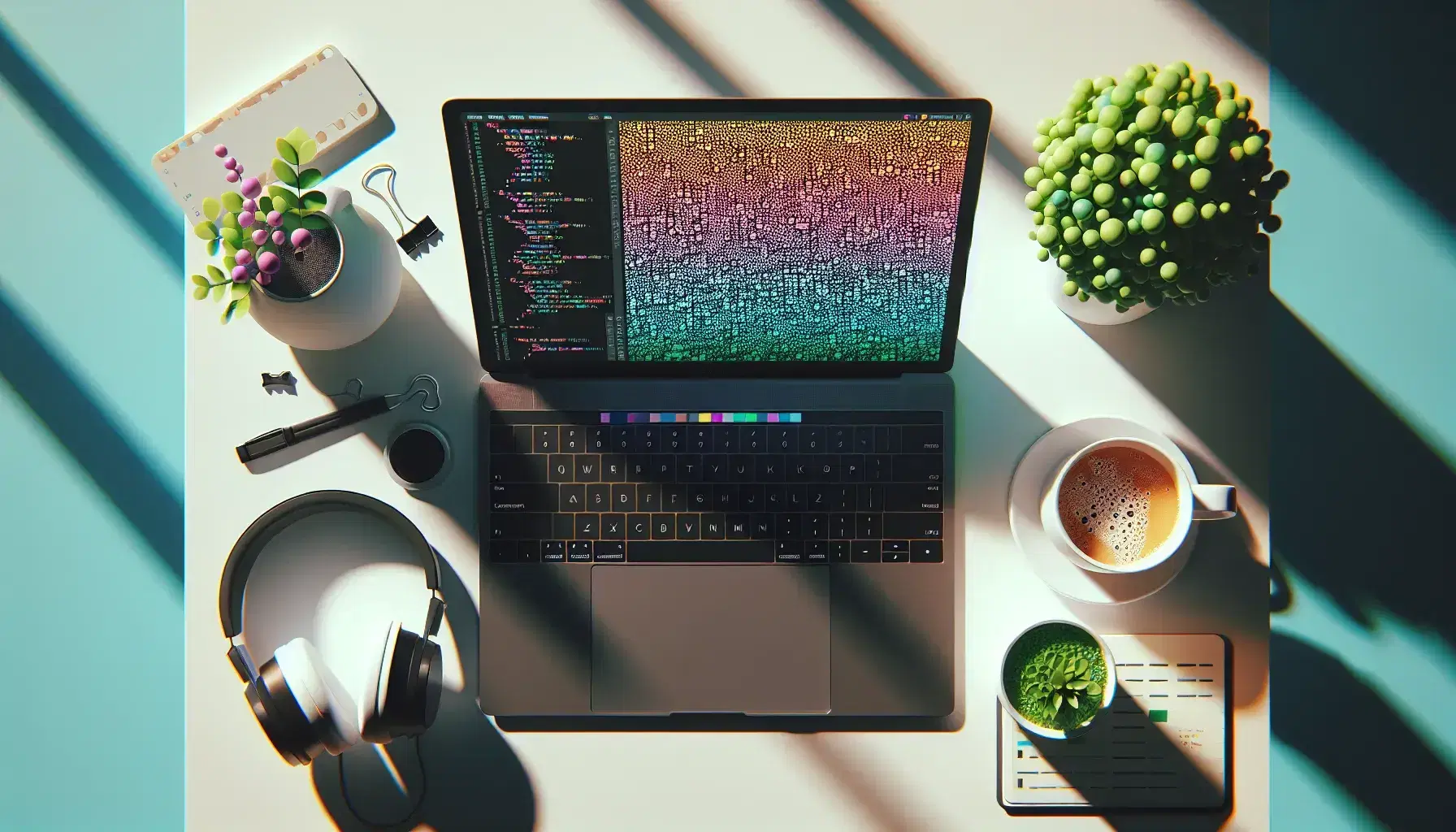 Organized desk with open laptop, steaming coffee cup, green plant and black headphones, illuminated by natural light.