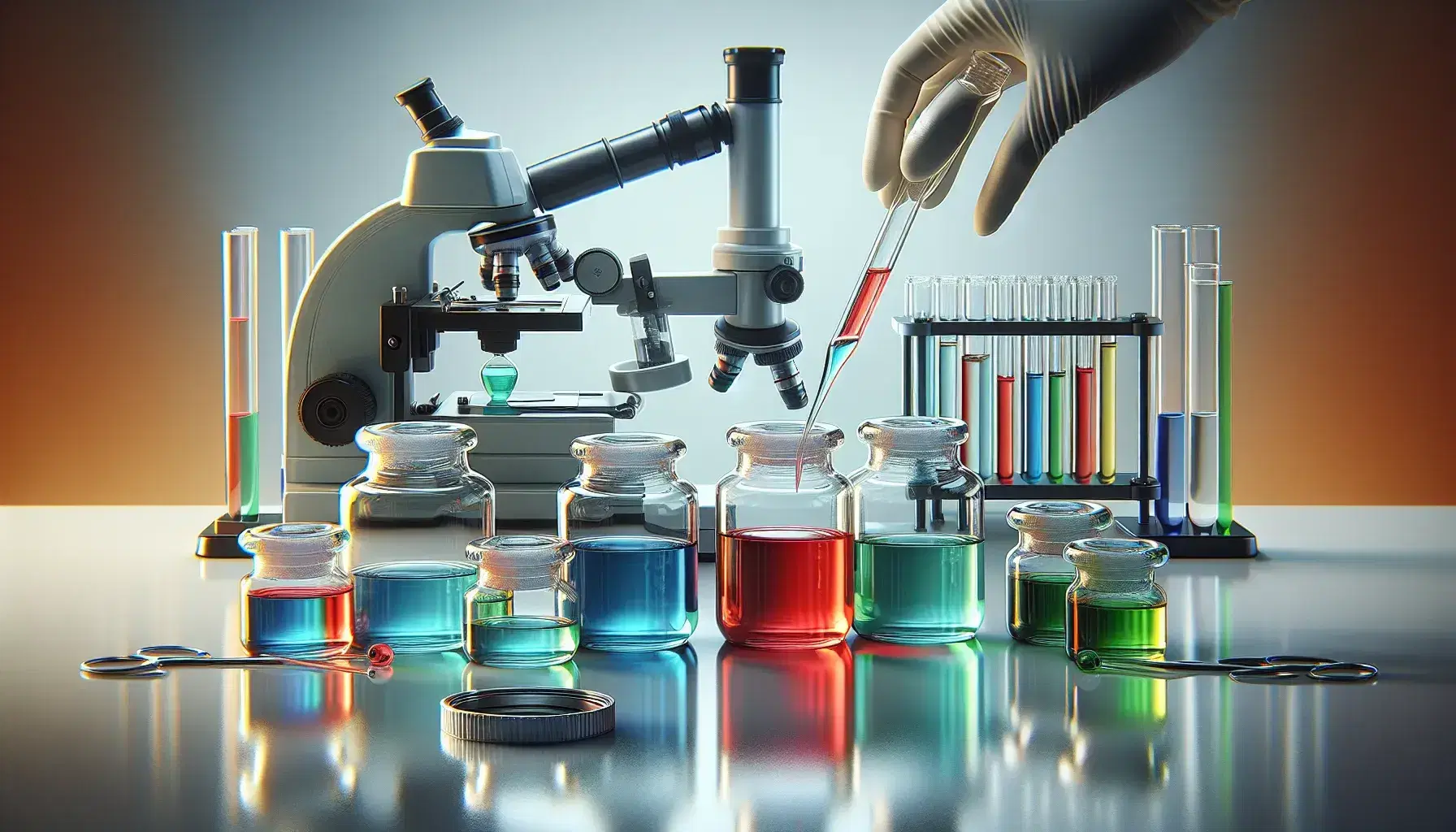 Frascos de vidrio con líquidos coloridos y tapas de colores en laboratorio, mano con guante sosteniendo uno y pipeteando, microscopio al fondo.