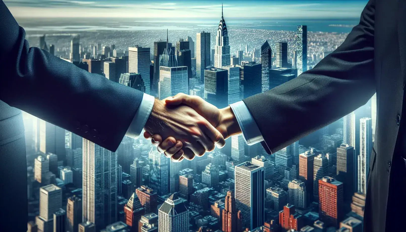 Handshake in focus with city skyline backdrop, business suit and watch visible, clear sky above reflective skyscrapers.