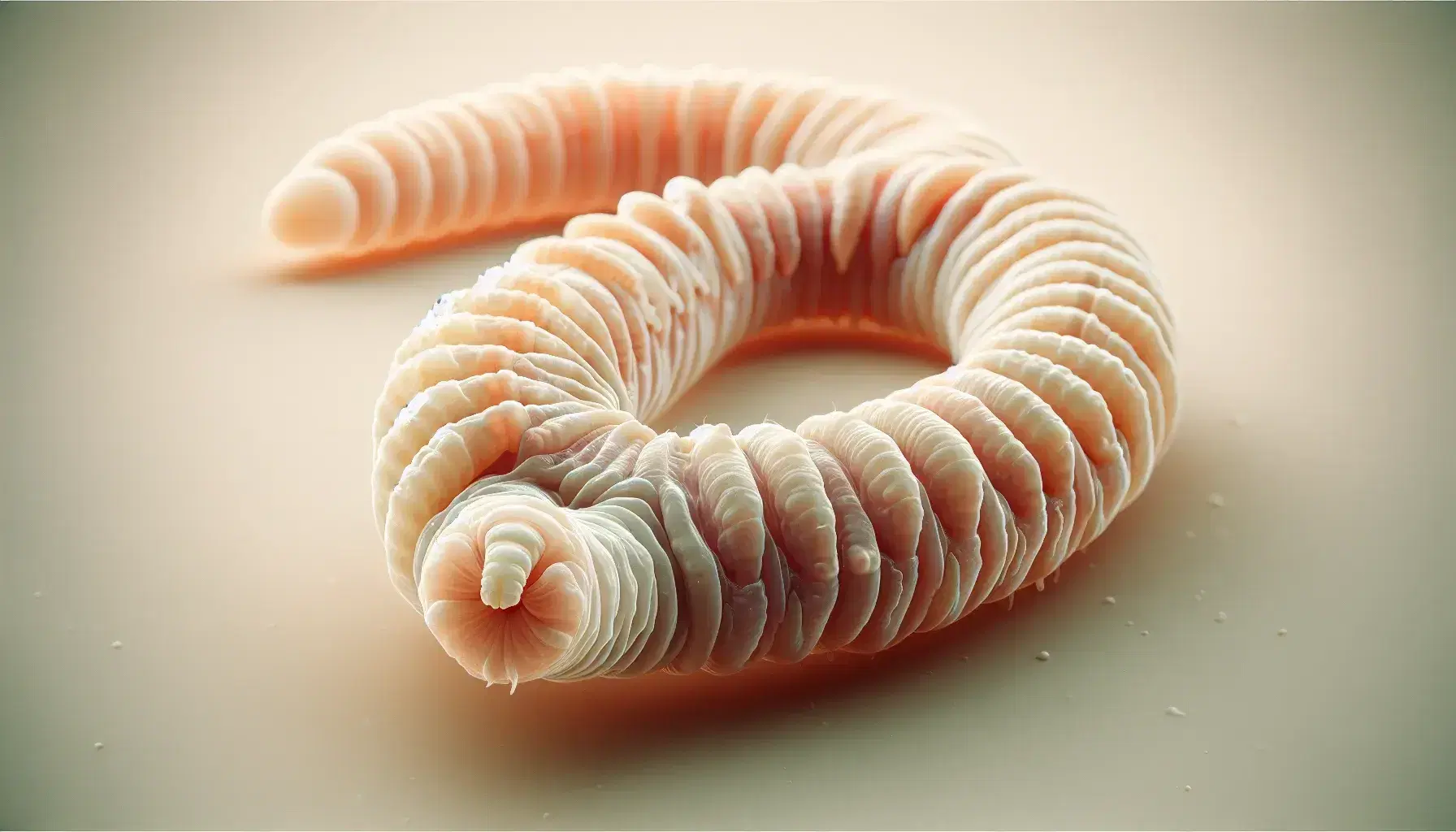 Close-up view of a segmented tapeworm with a scolex featuring suckers and hooklets, against a soft-focus background, highlighting its proglottids.