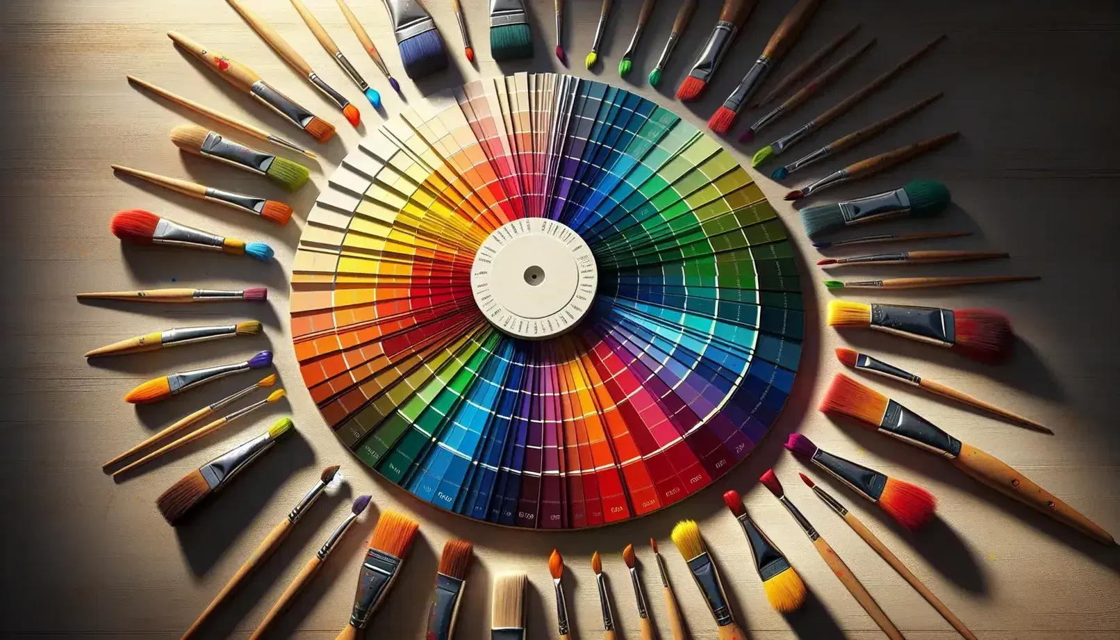 Paleta de colores en forma de rueda con tonos cálidos a fríos y pinceles apuntando al centro sobre superficie neutra, reflejando creatividad y diversidad.