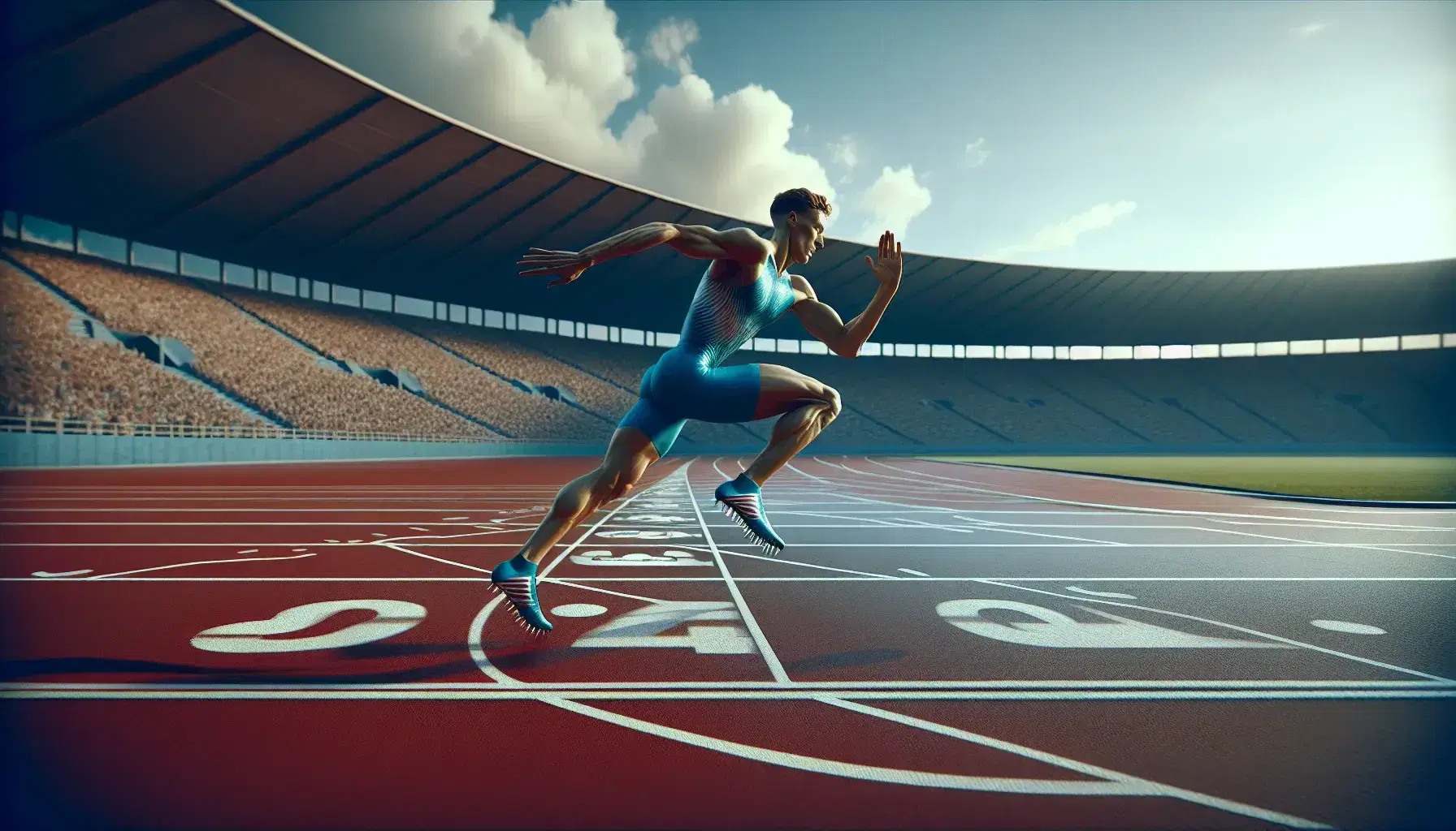 Atleta en plena carrera sobre pista de atletismo ovalada con múltiples carriles, vestido con uniforme azul y zapatillas con clavos, bajo cielo despejado.