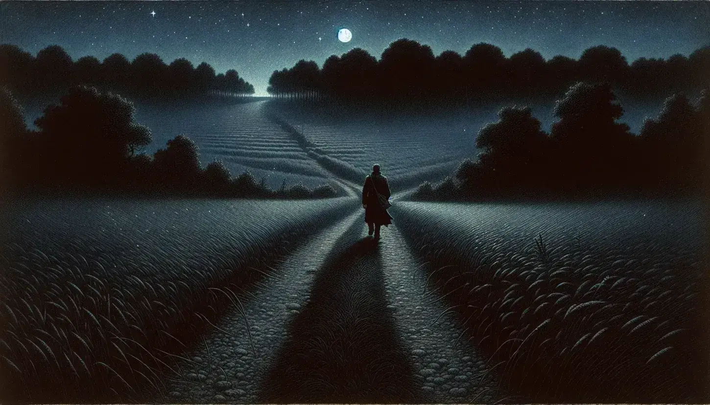 Sentiero notturno in campagna con figura solitaria, alberi in silhouette, cielo stellato e luna piena che riflette su un ruscello.