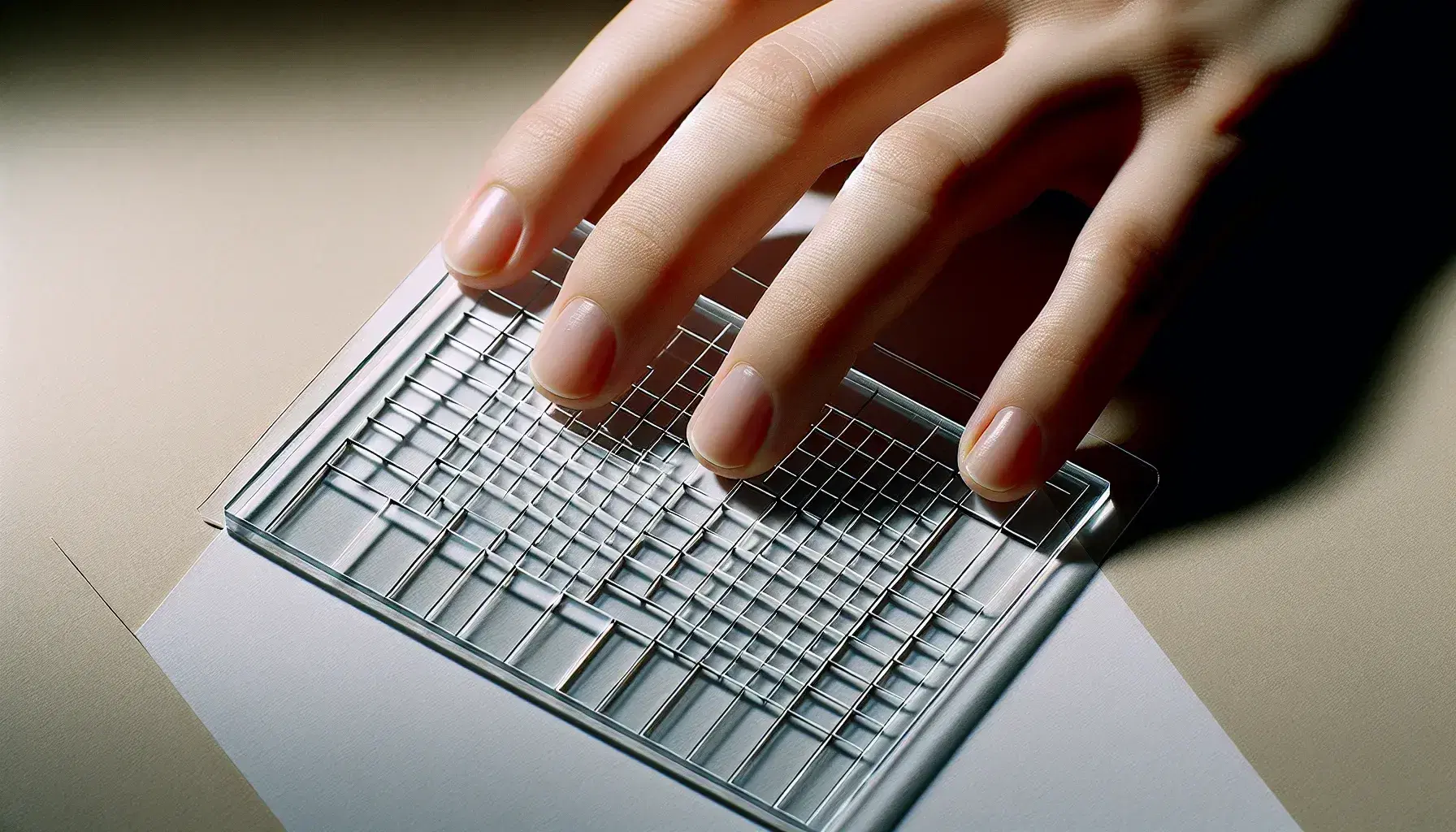 Hand holding a transparent stencil with grid on white sheet, bright reflections highlight the square lines, neutral blurred background.