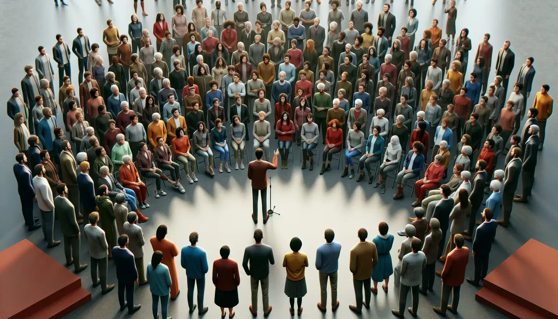 Diverse group of people in a semi-circle listening to a speaker at a community meeting, reflecting multicultural engagement in a neutral setting.