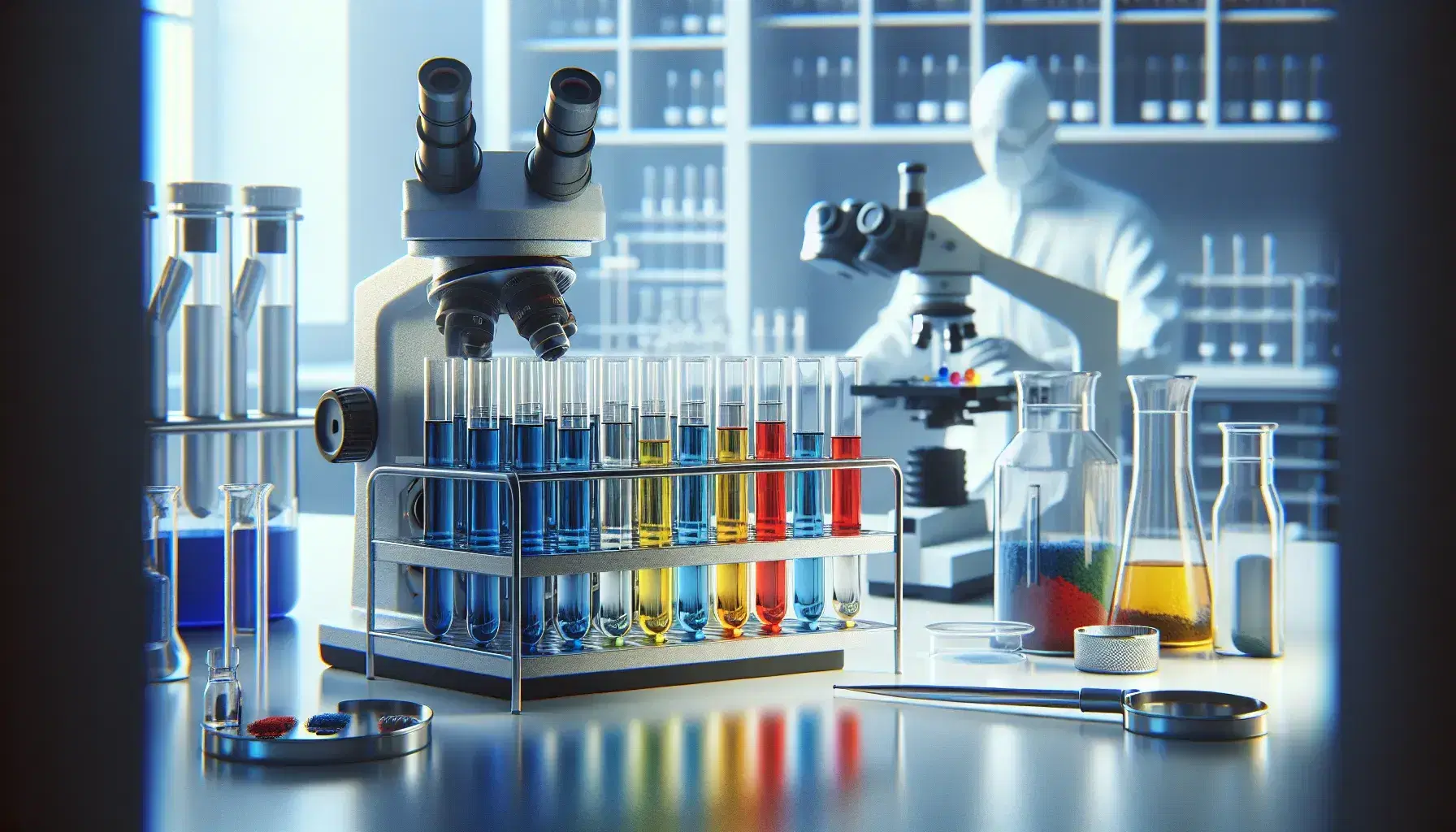 Laboratorio científico con tubos de ensayo de colores en soporte metálico, microscopio plateado y técnico en bata blanca manipulando instrumento.