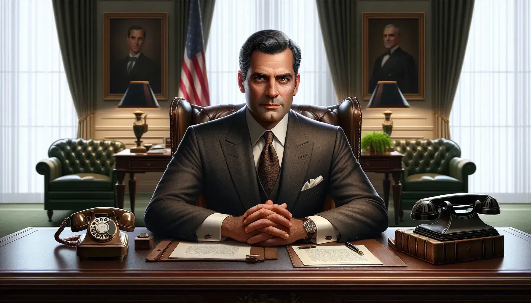 Mature South Asian man with receding hairline sits confidently in office, dark suit on, beside wooden desk with rotary phone, papers, and book, generic flag and plant behind.