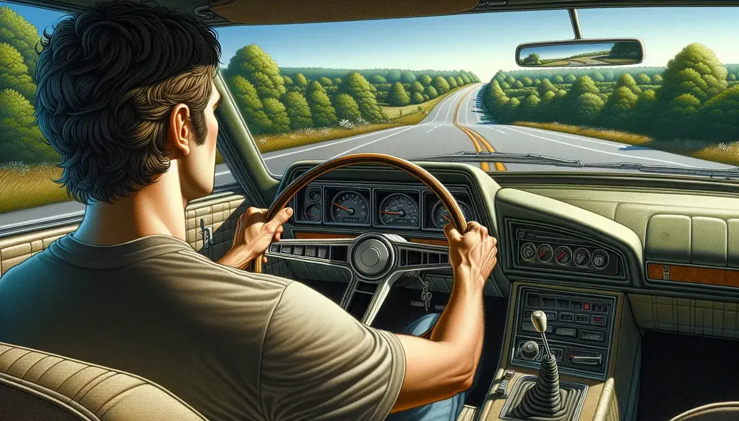 Driver with hands on steering wheel navigating a winding road lined with greenery under a clear blue sky, viewed from passenger perspective.
