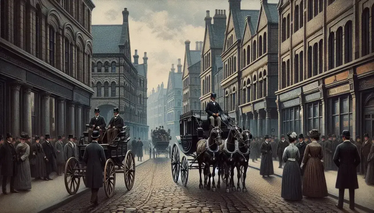 Vintage early 20th-century street scene with horse-drawn carriages, pedestrians in period attire, and classic brick buildings under an overcast sky.