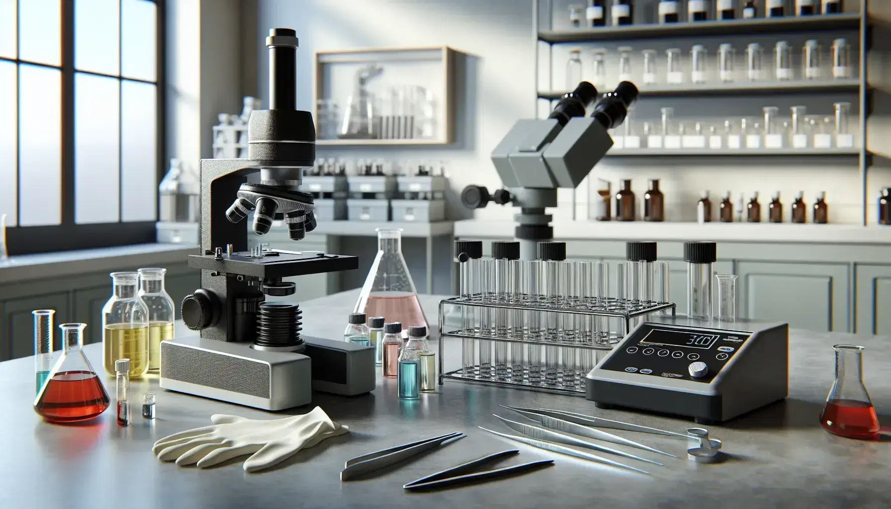 Laboratorio forense con microscopio negro, pinzas metálicas, guantes de látex y tubos de ensayo con líquidos de colores en mesa de trabajo gris.