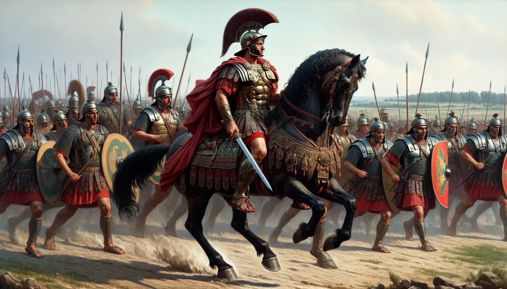 Scena di battaglia in pianura con uomo in armatura romana a cavallo, soldati armati di scudi e lance, cielo azzurro e colline verdi.