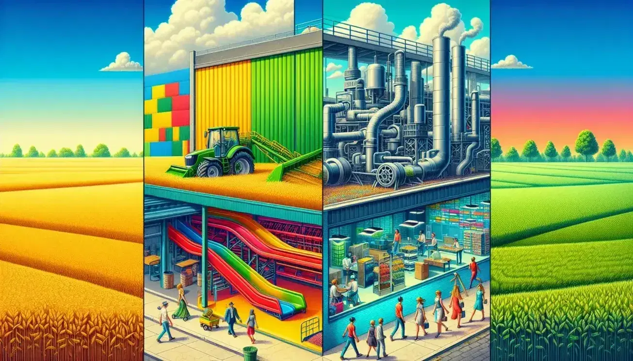Campo di grano con macchinari agricoli, interni di fabbrica con macchinari industriali e scena urbana con persone e negozi, rappresentazione settori economici.