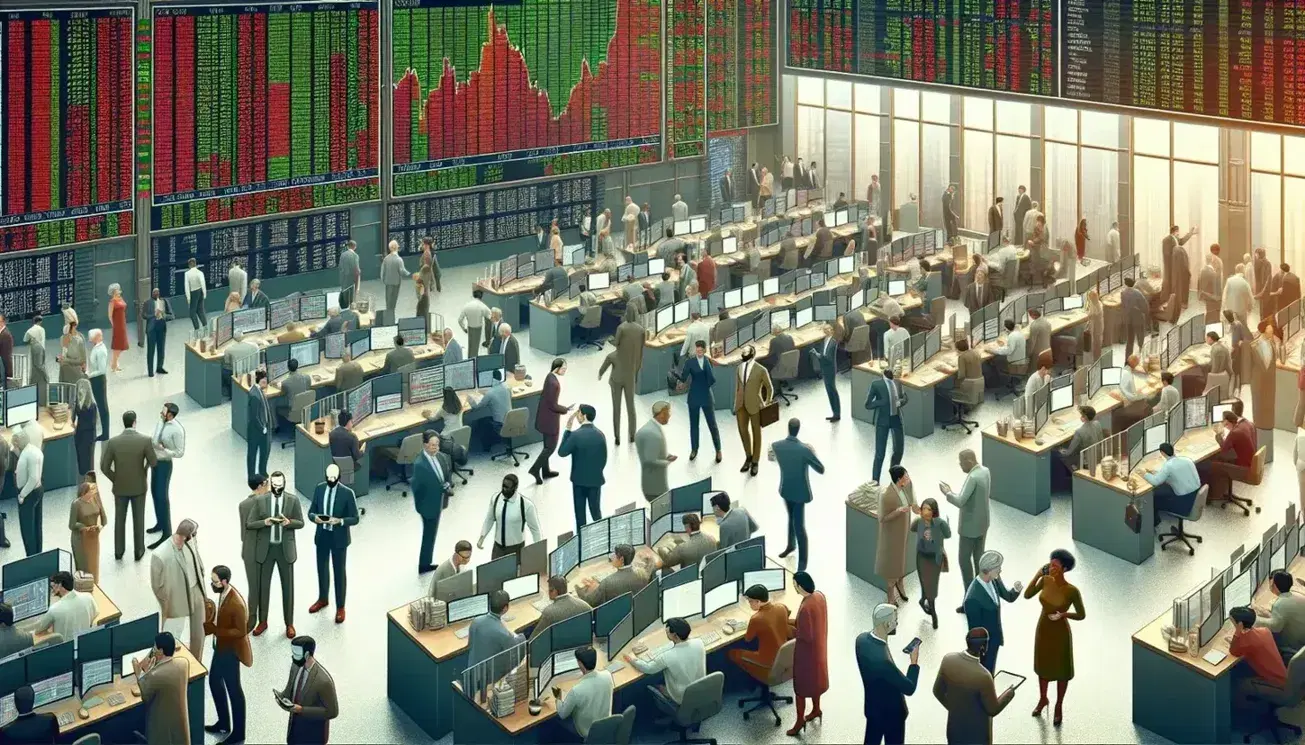 Diverse group of traders actively buying and selling stocks on a bustling exchange floor with a dynamic electronic board displaying market data.