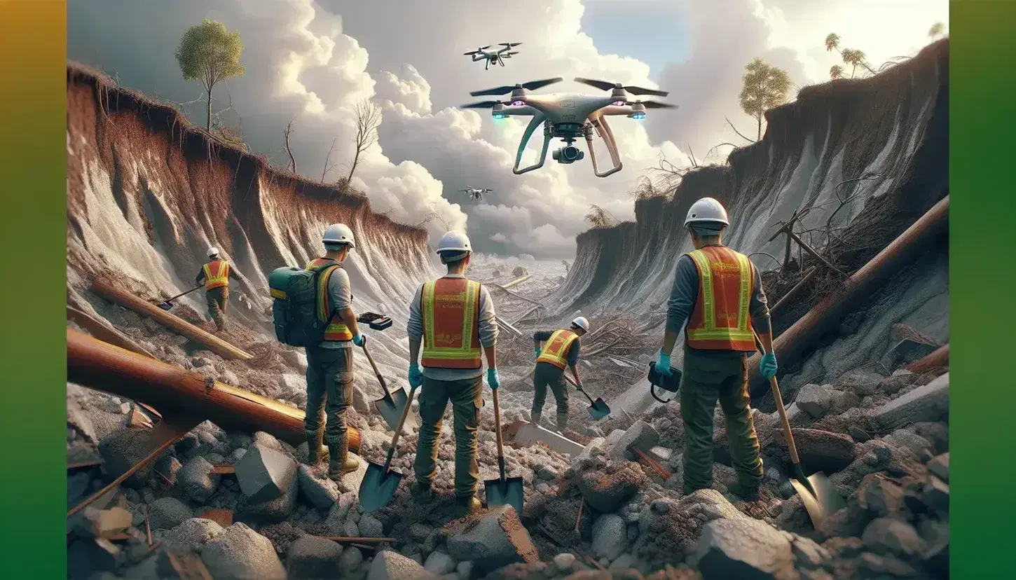 Equipo de rescate con cascos y chalecos reflectantes trabajando en terreno afectado por desastre natural, operando dron y herramientas.