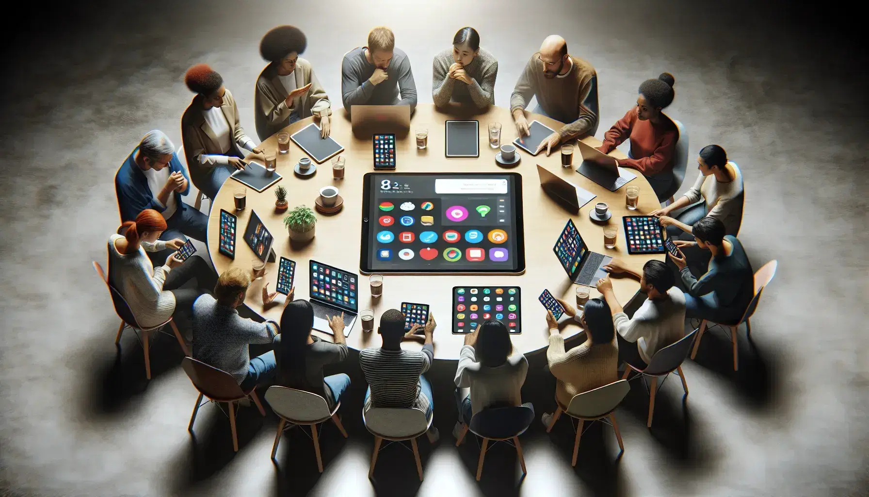 Grupo diverso de personas interactuando con dispositivos electrónicos en una mesa redonda, en un ambiente cálido y acogedor.