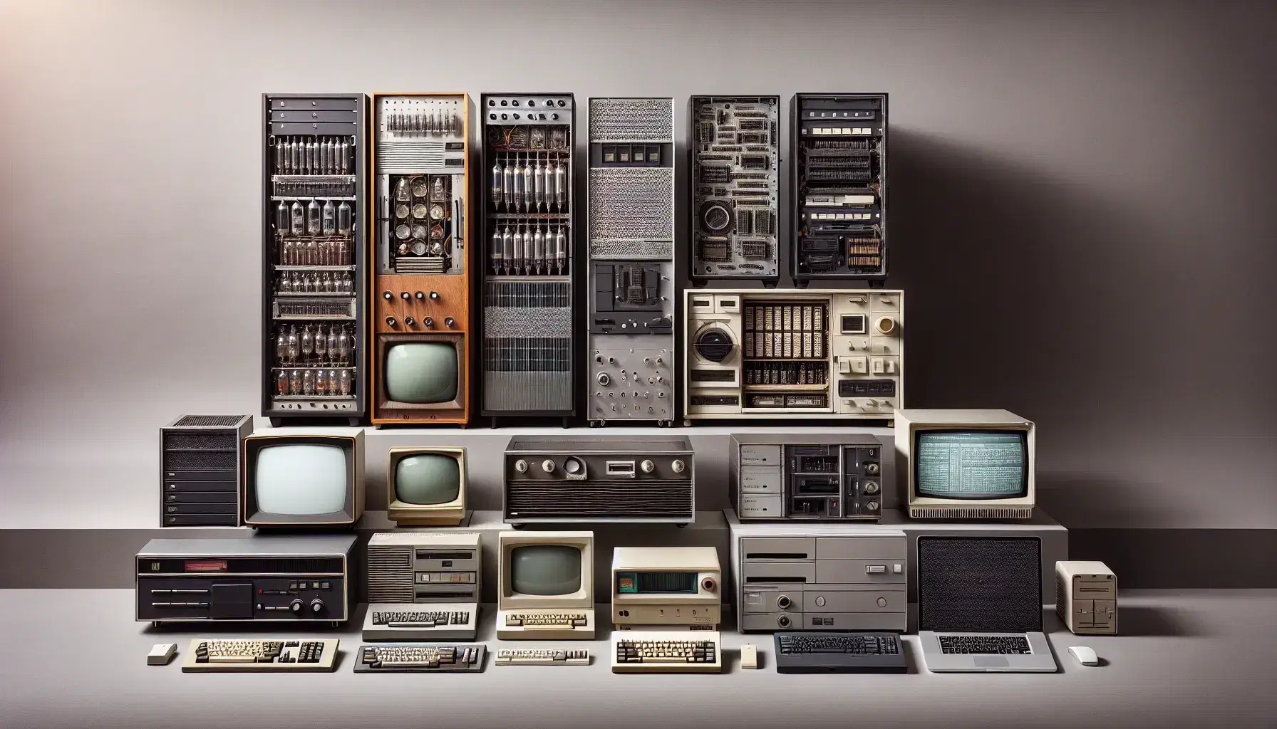 Colección de computadoras desde la primera generación con tubos de vacío hasta la moderna laptop, mostrando la evolución tecnológica.