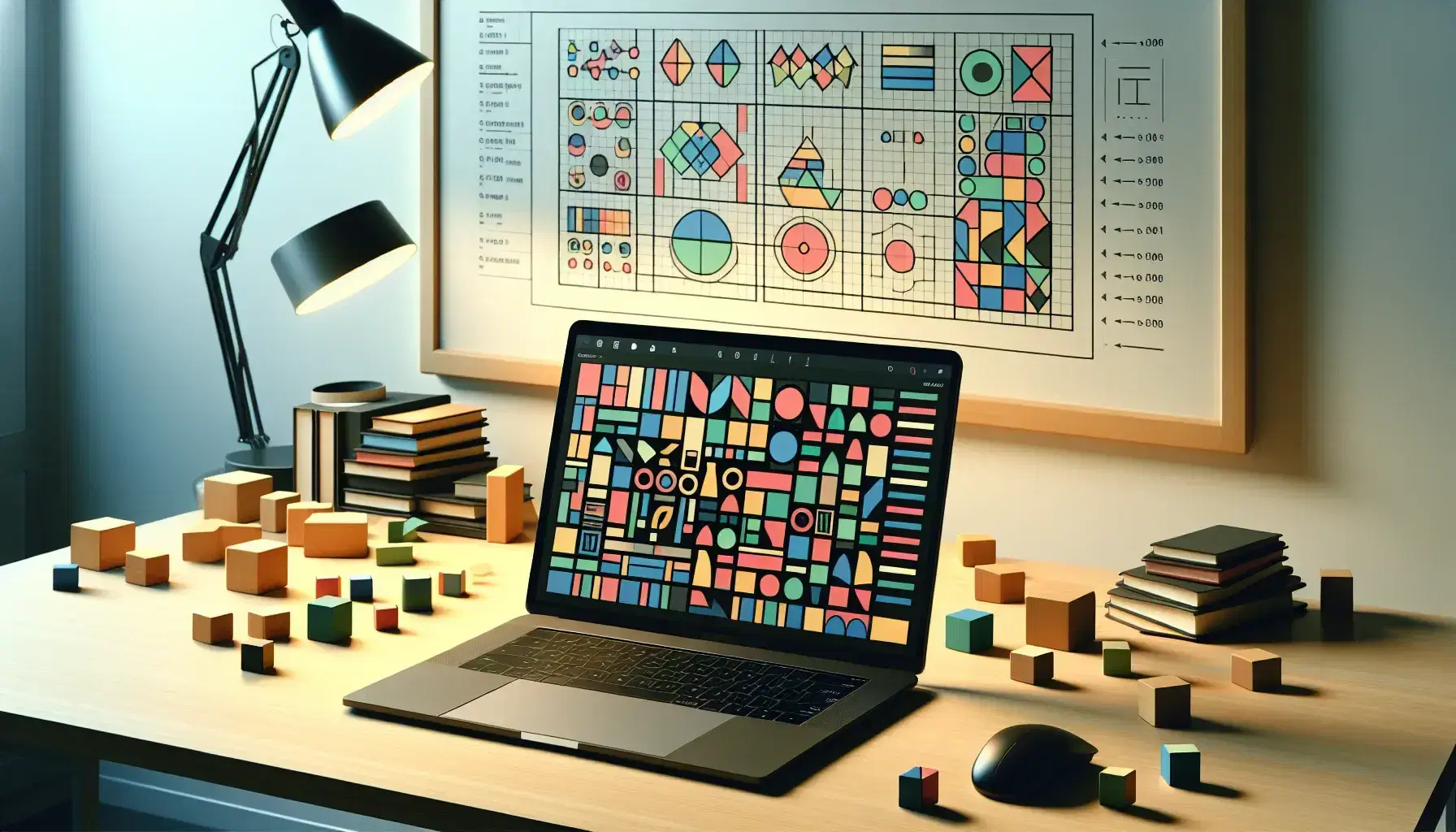 Tidy desk with modern laptop, hands ready to move wooden blocks on blackboard with grid, blurred background with bookcase.