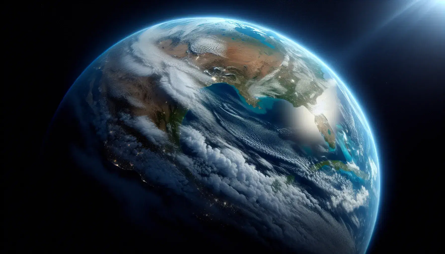 Vista della Terra dallo spazio con atmosfera blu, nuvole bianche, deserti marroni, foreste verdi e oceani blu, senza segni umani.
