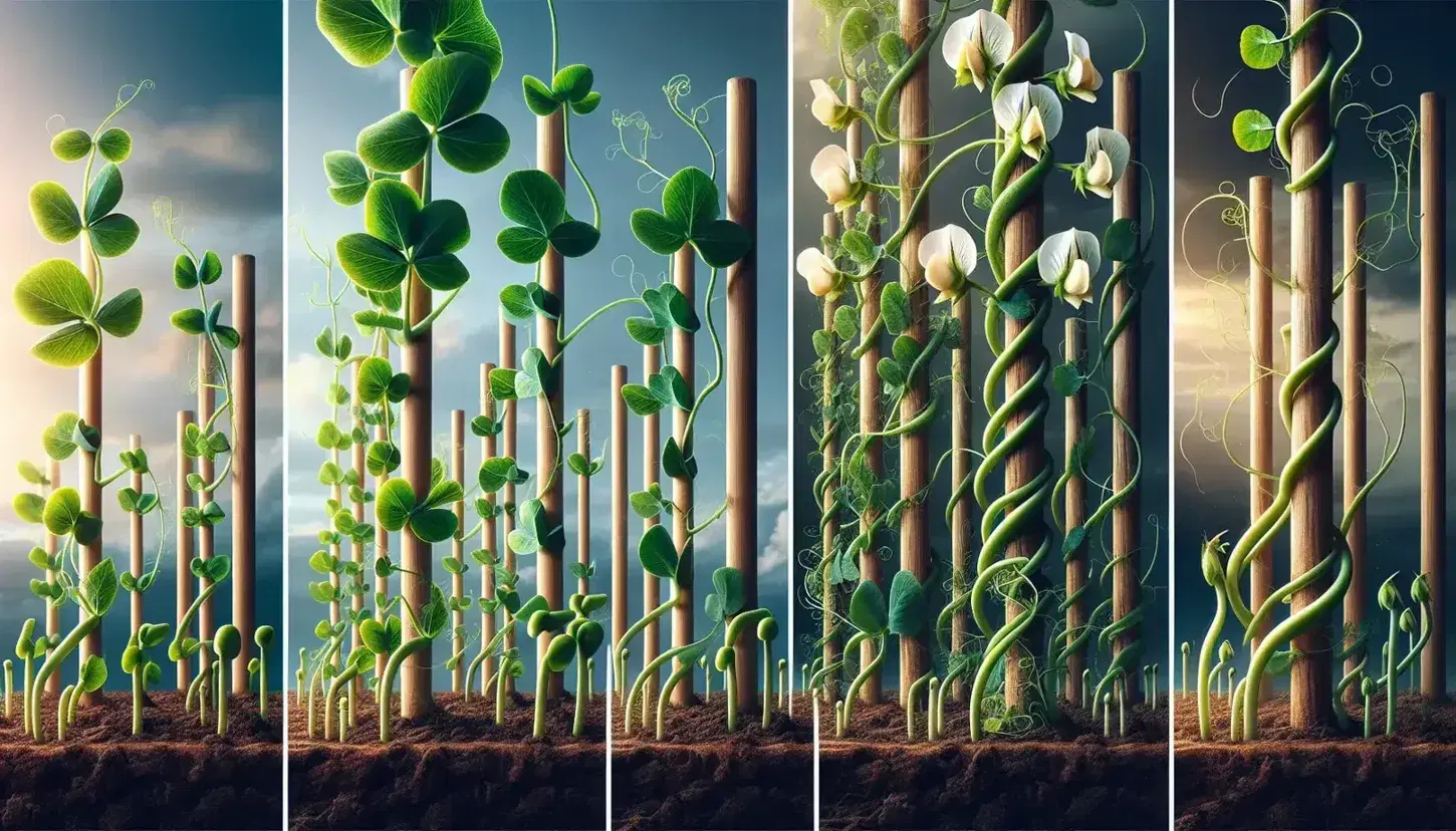 Plantas de guisante en distintas etapas de crecimiento, con tallos verdes y flores blancas y amarillas, apoyadas en tutores de madera bajo un cielo azul.