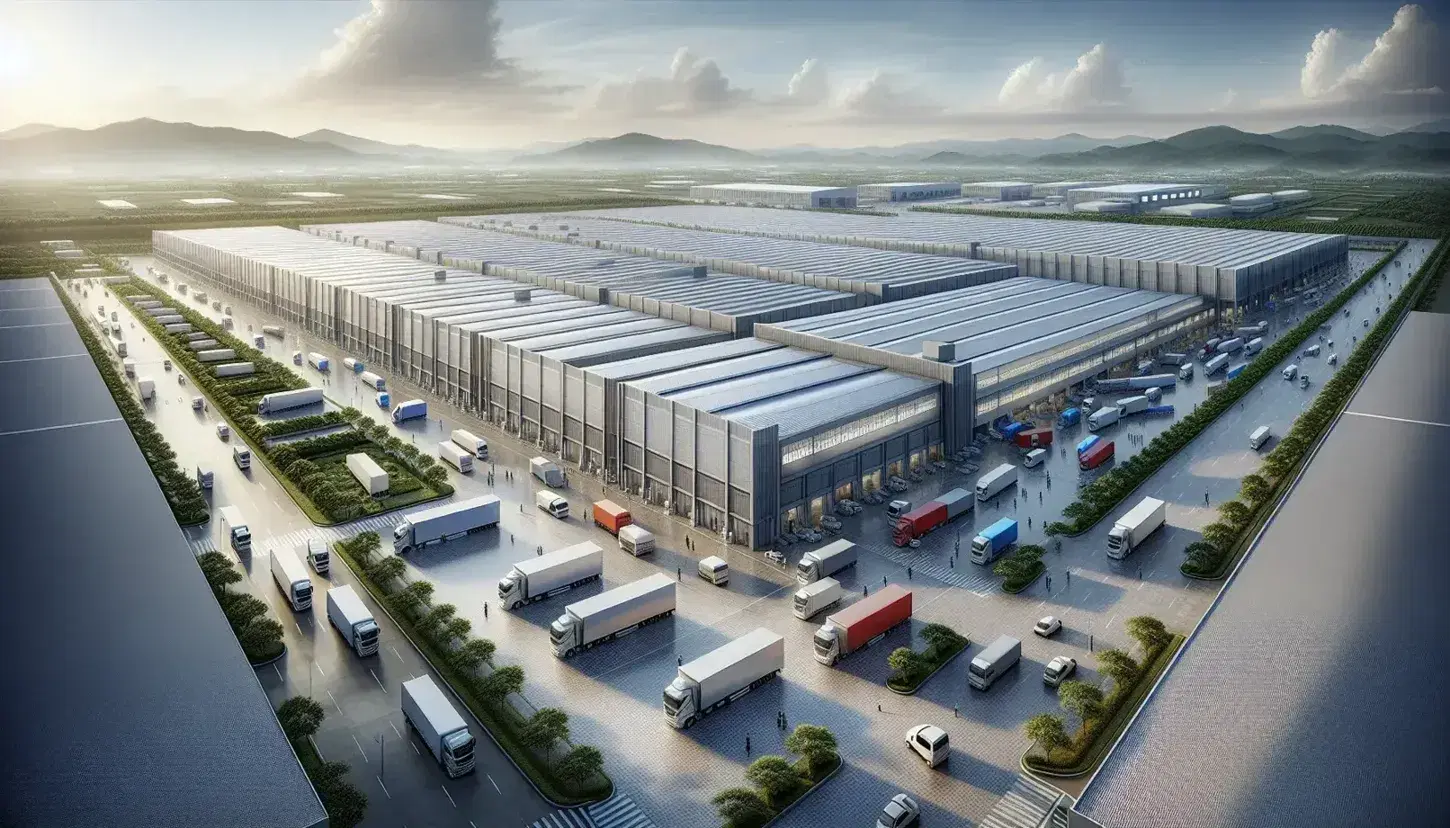 Vista aerea di un complesso industriale con magazzini dai tetti a shed, camion colorati in movimento, area verde limitrofa e colline sfocate sullo sfondo.