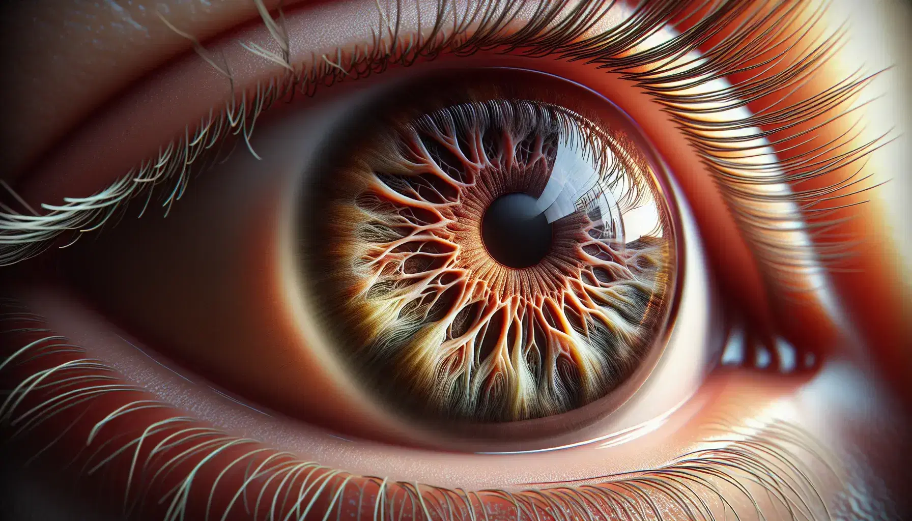 Detailed close-up of a human eye with brown iris fading to hazel, dark pupil, white sclera with blood vessels and curved eyelashes.