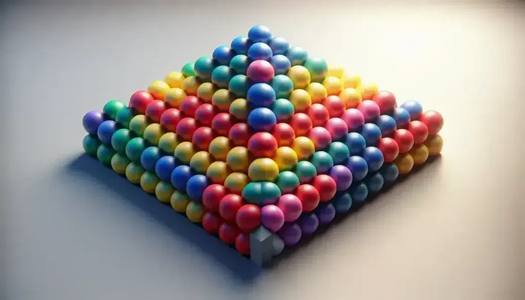 Piramide quadrata di sfere colorate in rosso, blu, verde, giallo e viola disposte su superficie grigia, senza sfere dello stesso colore adiacenti, con ombre morbide e sfondo sfocato bianco.