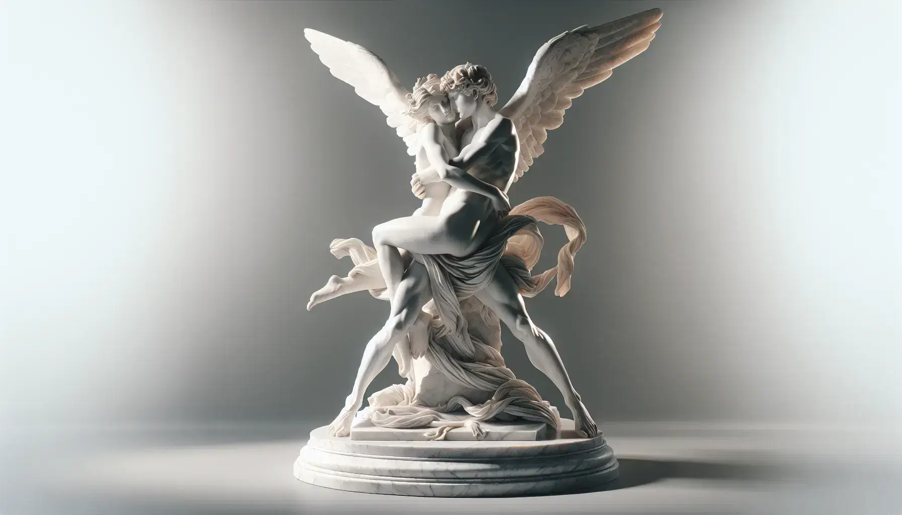 Scultura in marmo bianco di coppia abbracciata con uomo alato e donna con acconciatura elaborata su base circolare.