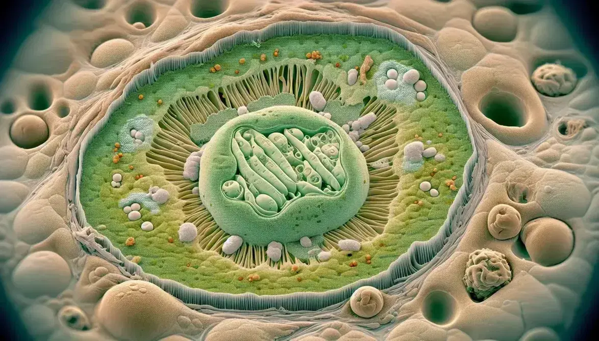 Micrografía electrónica colorizada de sección transversal de célula vegetal mostrando cloroplasto central, mitocondrias, citoplasma y pared celular.