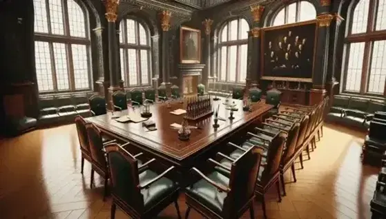 Historic room with high ceilings, arched windows, rectangular wooden table, green leather chairs, quills, scrolls and intricate fireplace.