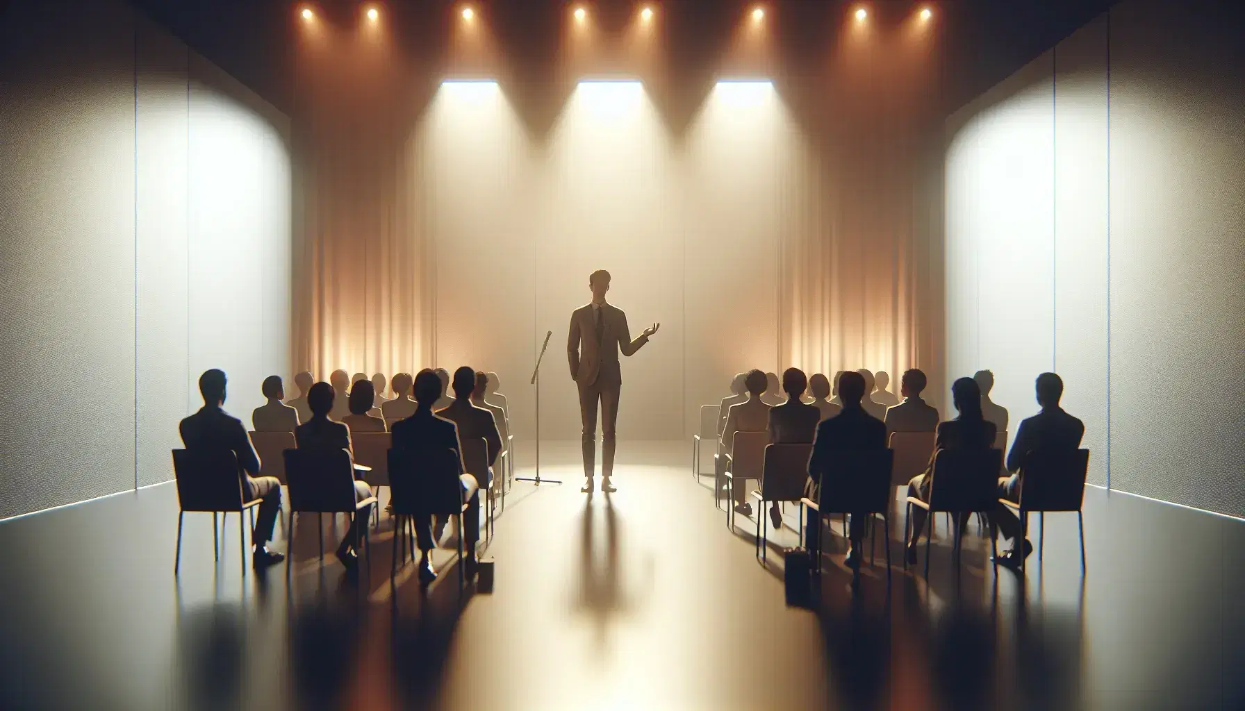 Escenario iluminado suavemente con luces cálidas enfocando a una persona en actitud de presentación ante una audiencia atenta y sin dispositivos electrónicos.