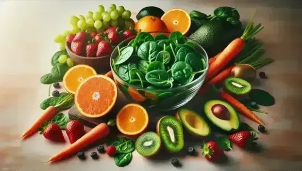 Variedad de frutas y verduras frescas sobre superficie de madera clara con espinacas en bol de cristal, naranjas, kiwis, uvas, fresas, zanahorias, pimientos y aguacate.
